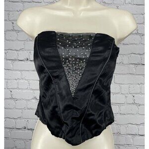 VTG Bain De Nuit Black Satin Cut Out Sparkle Zip Boned Corset Top Size Small S